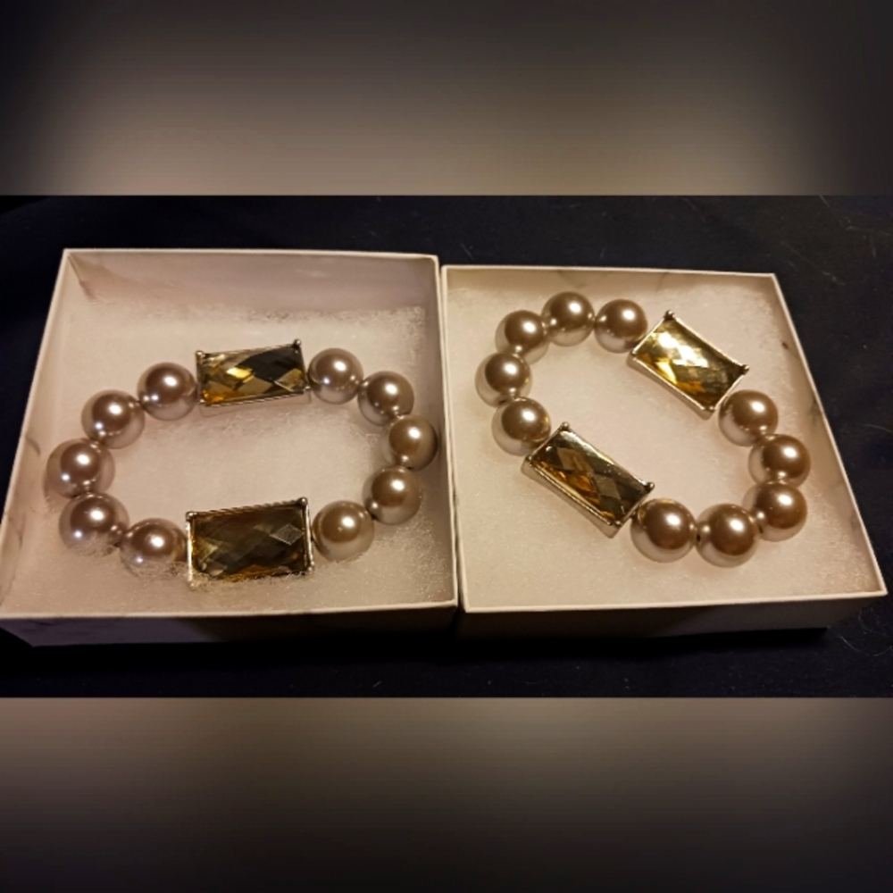 PAIR Lia Sophia pearl and crystal stretch bracelets.